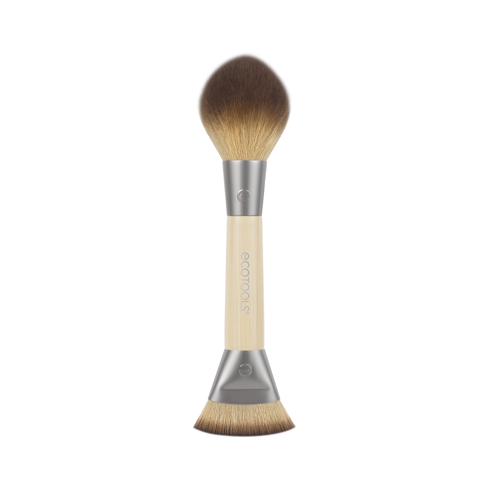 Dual-ended makeup brush with soft bronze bristles and gray-beige handle