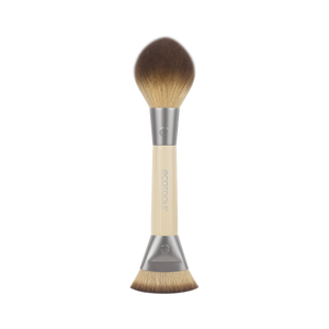 Dual-ended makeup brush with soft bronze bristles and gray-beige handle