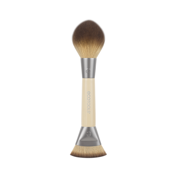 Dual-ended makeup brush with soft bronze bristles and gray-beige handle