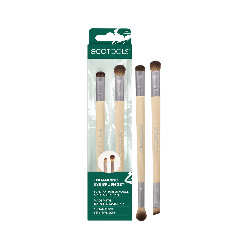 Ecotools enhancing eye brush set box with two beige-handled brushes and brown bristles