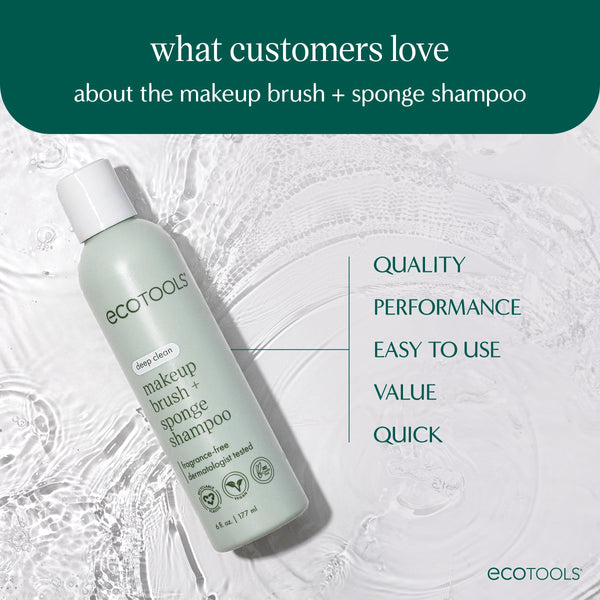 Makeup brush and sponge shampoo bottle with light green liquid, ecotools label
