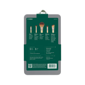 EcoTools makeup brush kit back panel on gray tin case showing brush lineup photos