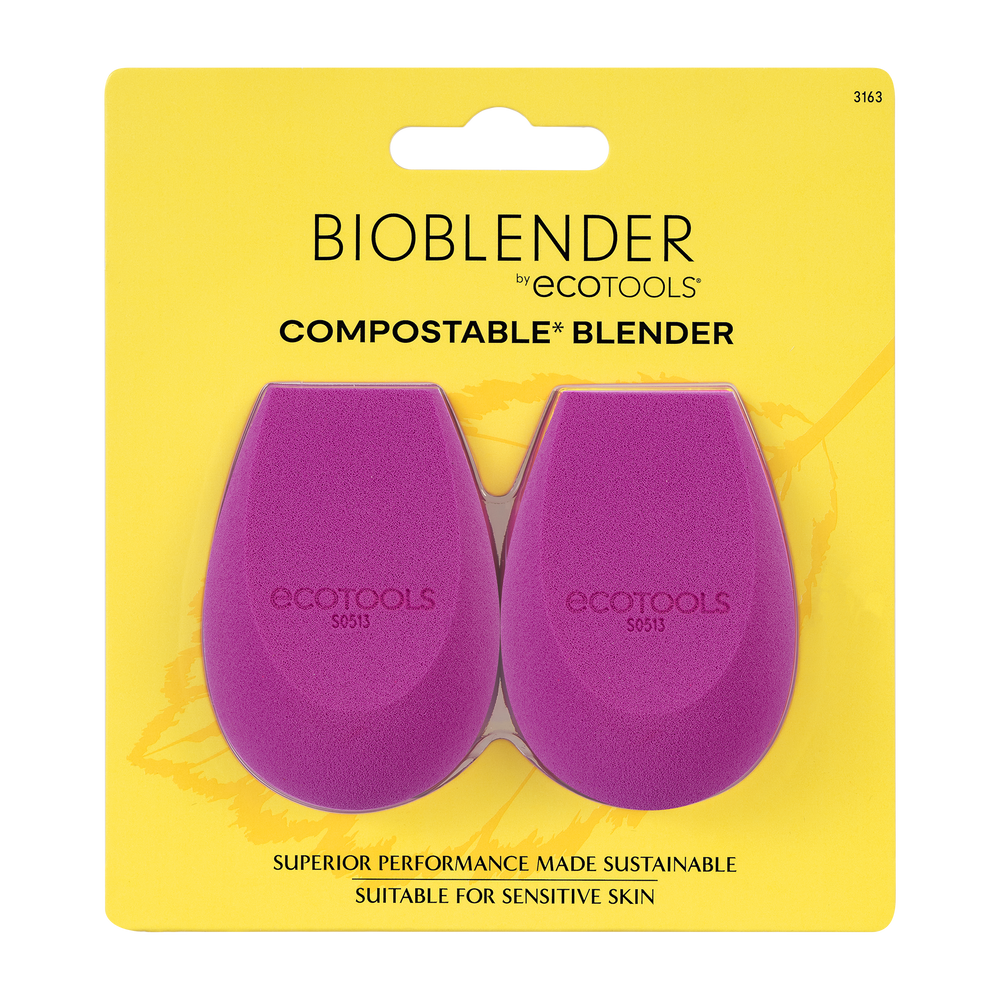Purple teardrop makeup sponge duo with ecotools logo on each textured sponge