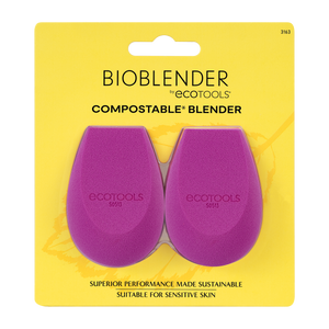 Bioblender compostable makeup sponge duo package with two purple teardrop sponges