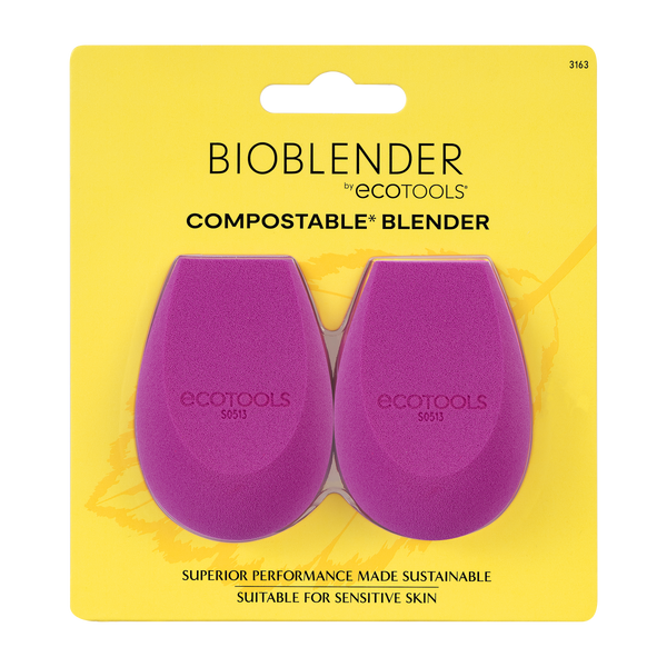 Bioblender compostable makeup sponge duo package with two purple teardrop sponges