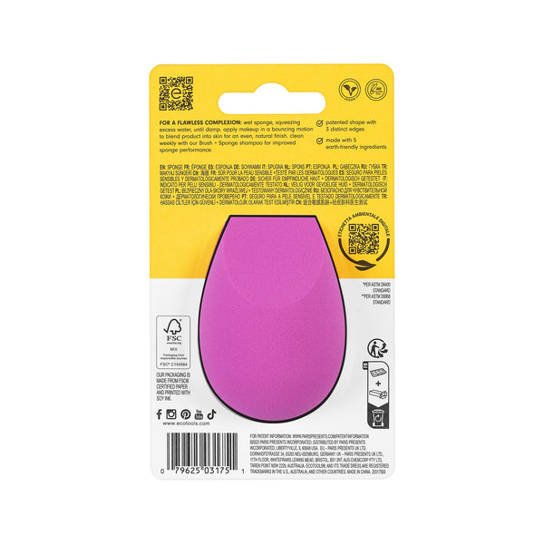 Back of makeup sponge blister pack showing purple teardrop sponge