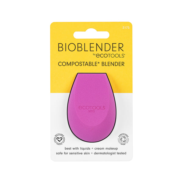 Makeup sponge in retail blister pack with visible purple teardrop sponge