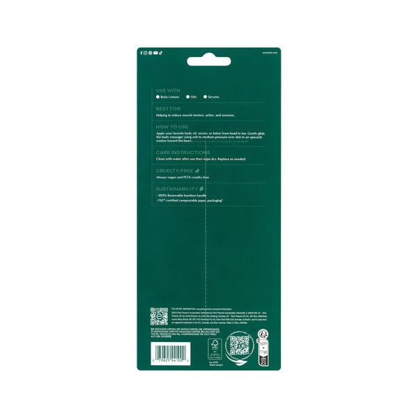 Back of wooden body massager package with product info and barcode, ecotools brand.