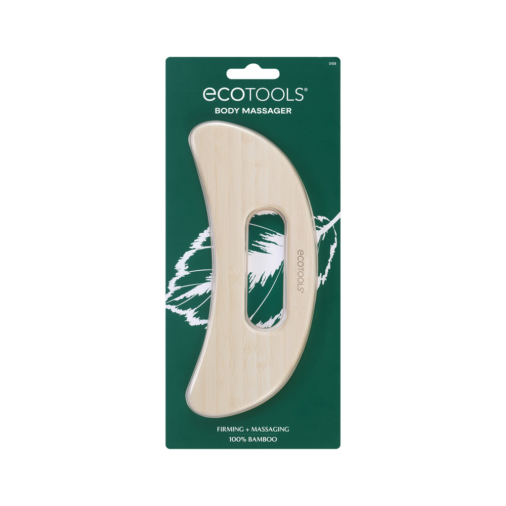 Light bamboo wooden body massager with curved handle and thumb cutout, ecotools brand.