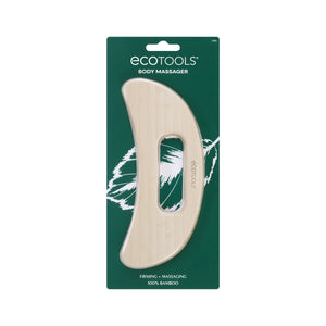 Wooden body massager in bamboo with ergonomic curved shape, blister card packaging.