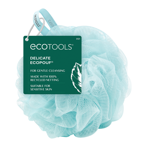 Light blue mesh cleansing pouf with green product card for delicate use