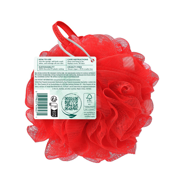 Red mesh lathering eco pouf with back label showing care icons