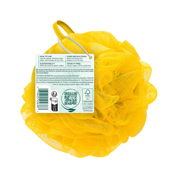 Yellow ecotools Delicate EcoPouf cleansing pouf with back label