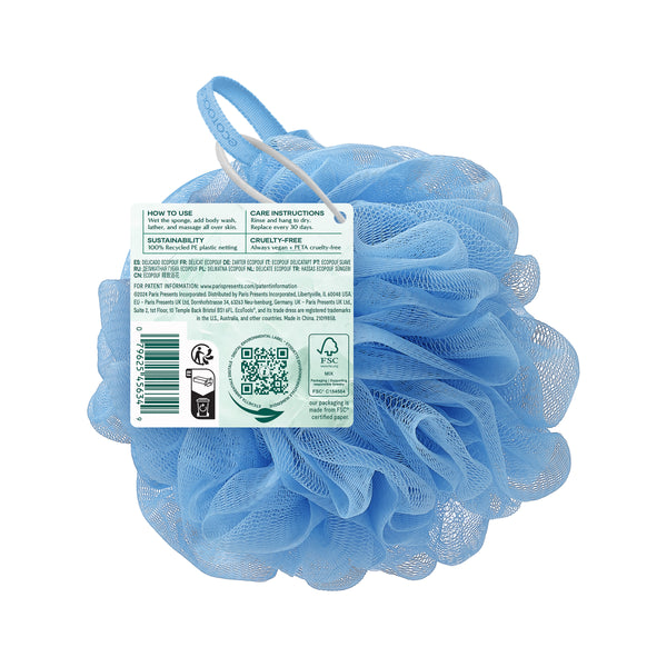 Light blue Delicate EcoPouf mesh cleansing puff, back label view
