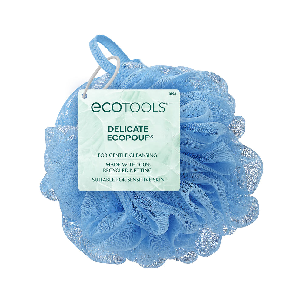 Light blue Delicate EcoPouf mesh cleansing puff, ruffled flower shape
