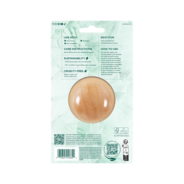 Wood scalp massager brush with smooth round back and small white massage nodules