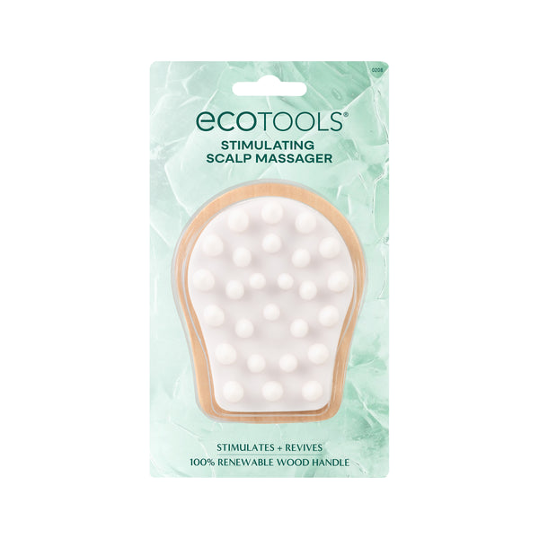 Ecotools stimulating scalp massager with white nodules on a wood handle