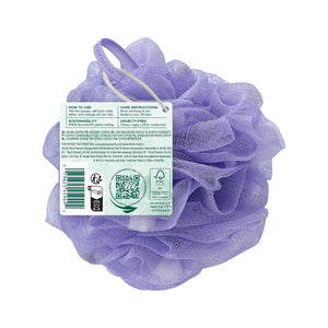 Purple mesh pouf showing back label with care and certification icons
