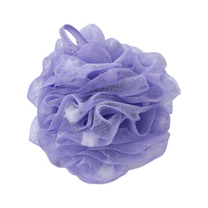 Purple mesh exfoliating pouf with loop handle, tightly ruffled net texture