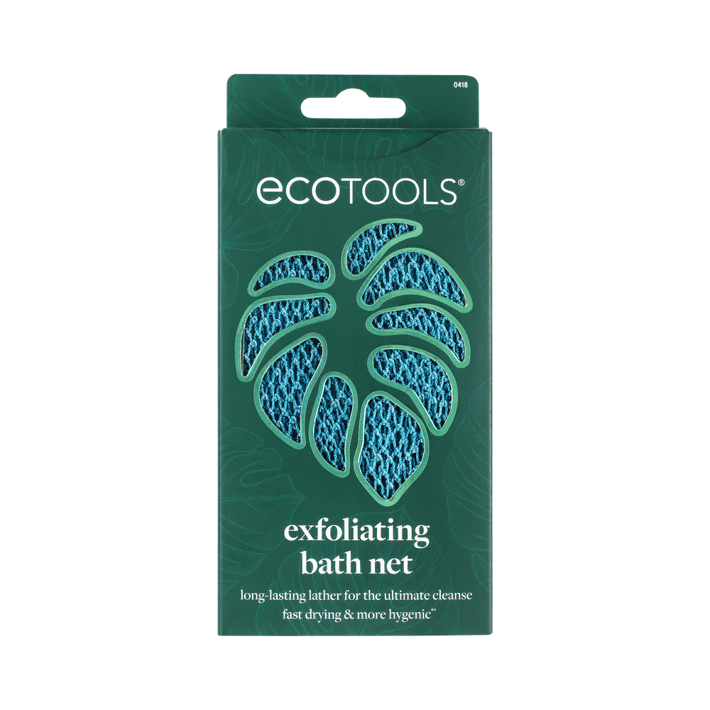Teal mesh exfoliating bath net, folded looped scrubbing pad