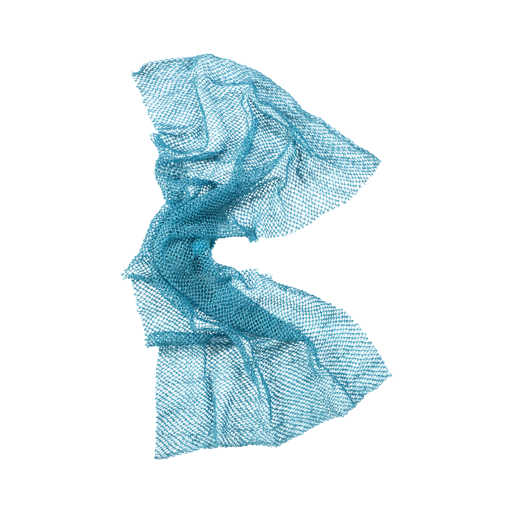 Teal mesh exfoliating bath net, folded looped scrubbing pad
