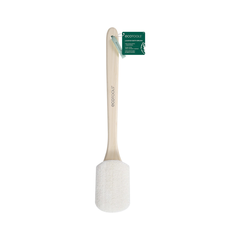 Loofah brush with white oval scrub head and natural wood handle