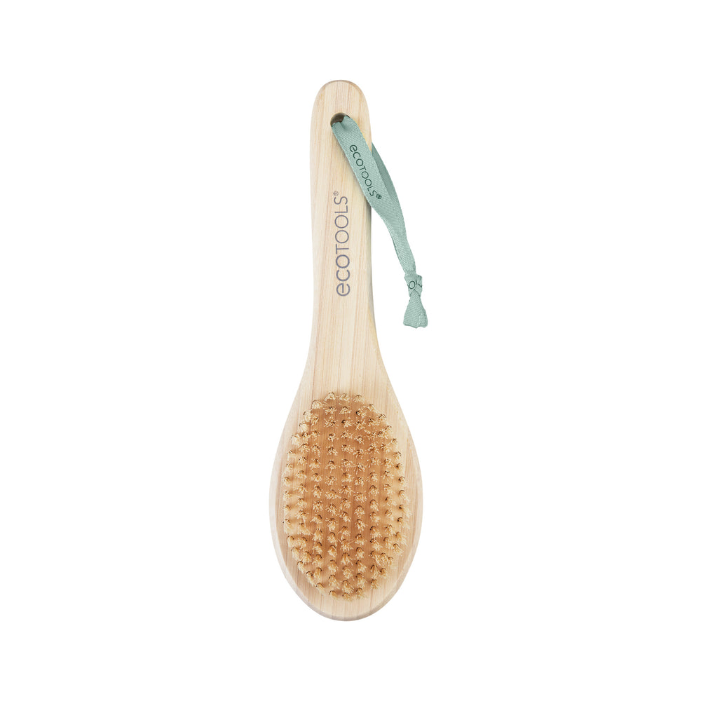Wooden foot brush with tan bristle pad and attached blue hanging loop