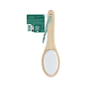Wooden foot brush with white pumice pad on oval head and blue hanging loop