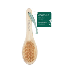 ecotools wooden foot brush with tan bristles and attached product label packaging