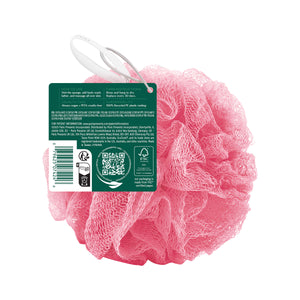 Pink exfoliating bath sponge with hanging loop, back label with barcode icons