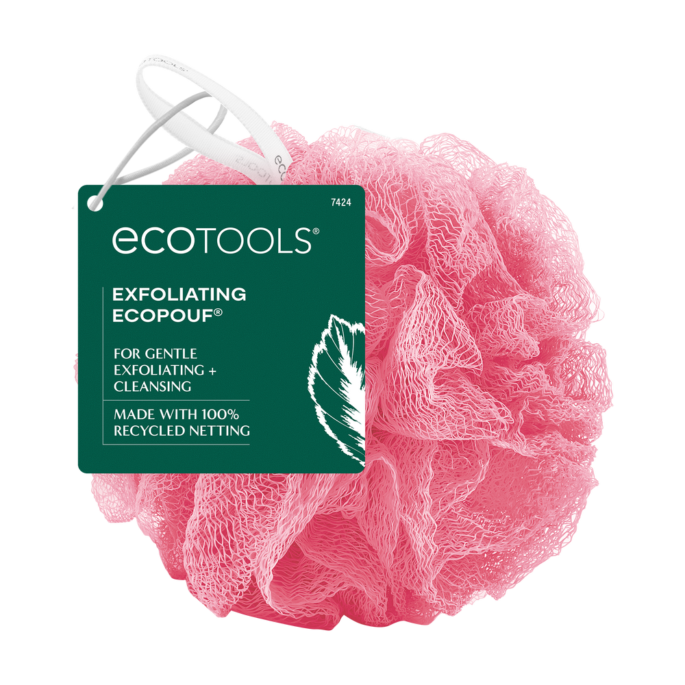 Set of three exfoliating bath sponges: white, pink, and teal, round textured mesh