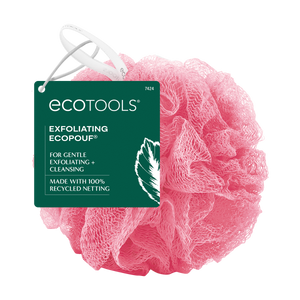 Pink exfoliating bath sponge with hanging loop and ECOTOOLS tag, netting texture