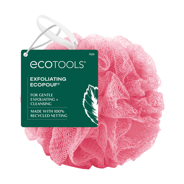 Pink exfoliating bath sponge with hanging loop and ECOTOOLS tag, netting texture