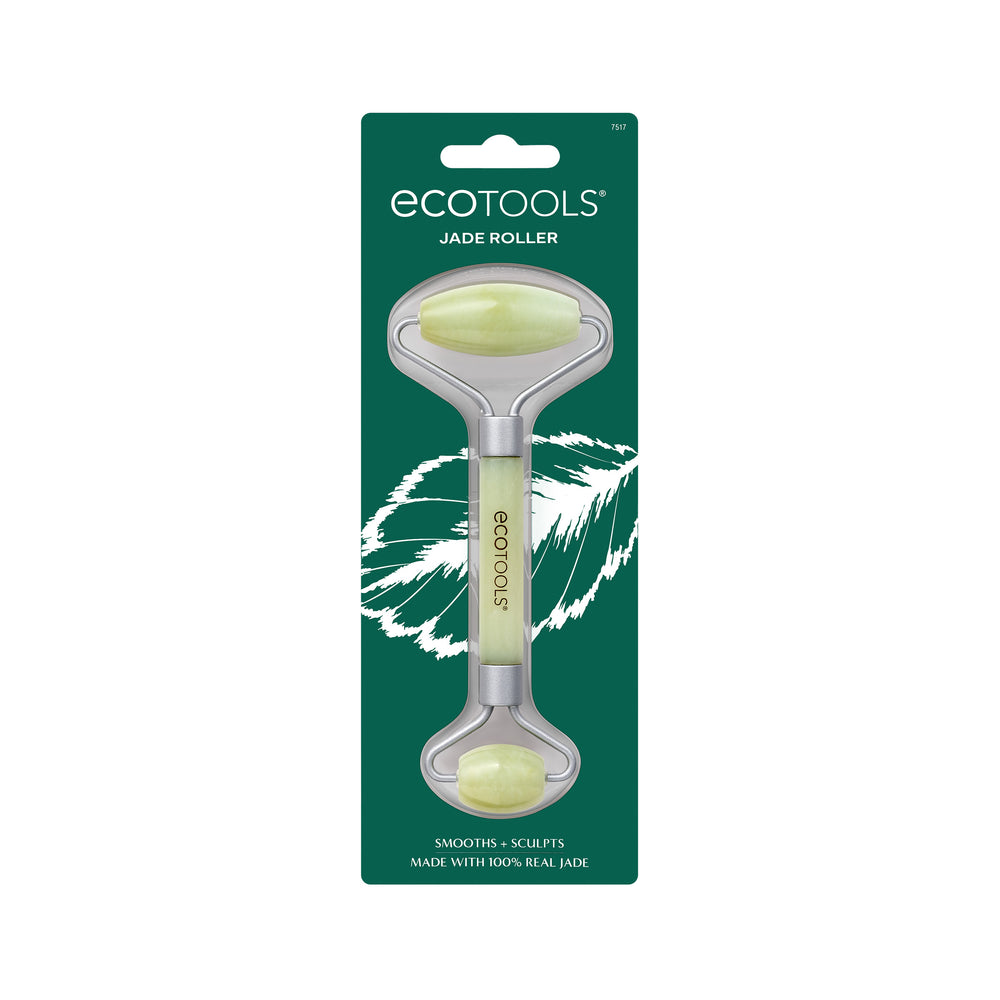 Jade facial roller with pale green stones and chrome U-shaped roller heads