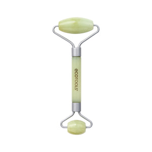Jade facial roller with pale green stones and chrome U-shaped roller heads