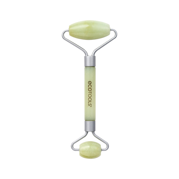 Jade facial roller with pale green stones and chrome U-shaped roller heads