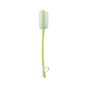 Green bath brush with white bristle scrub end and long handle