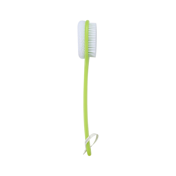 Green bath brush with white bristle scrub end and long handle