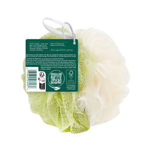 Green and cream loofah pouf with attached product information tag and loop