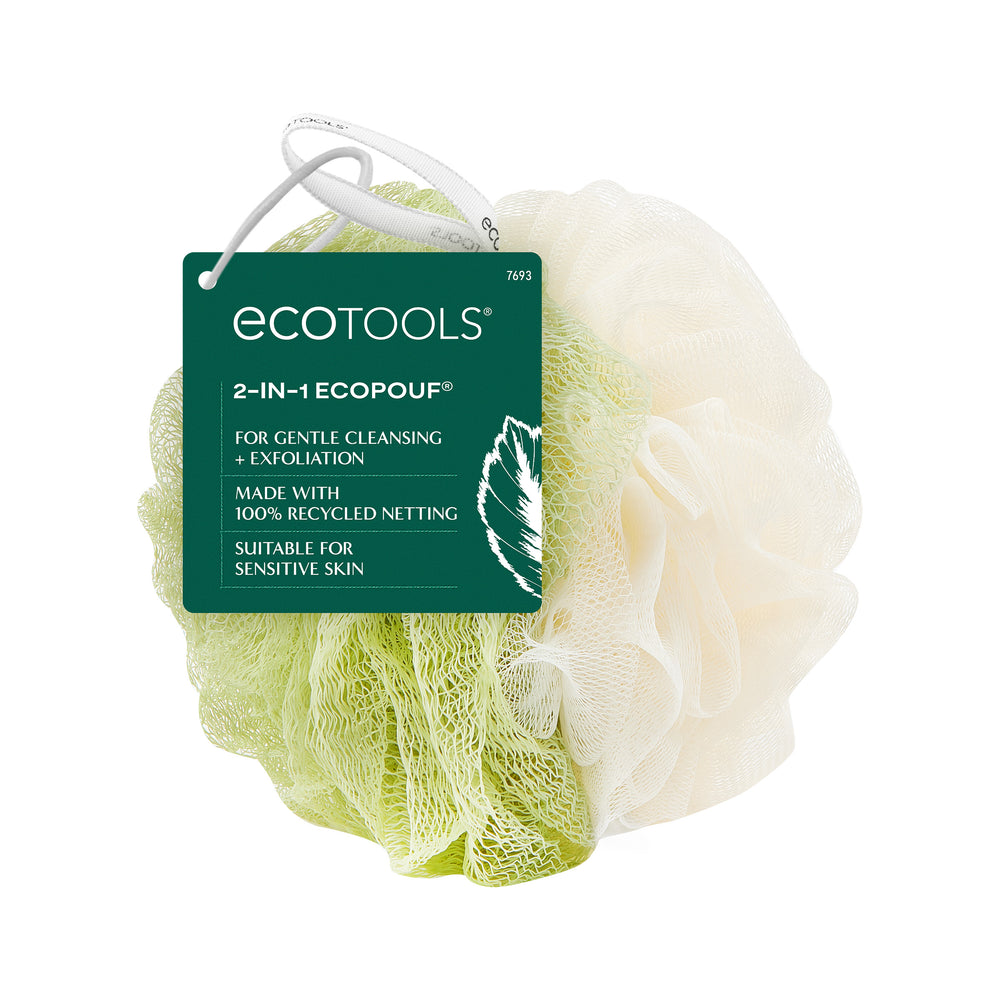 Ruffled green and cream bath loofah pouf with loop handle