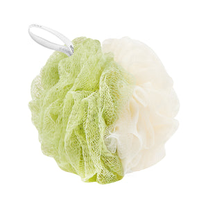 Ruffled green and cream bath loofah pouf with loop handle