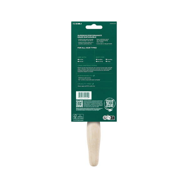 Detangling hair brush in retail blister package, light wood handle and beige bristle pad