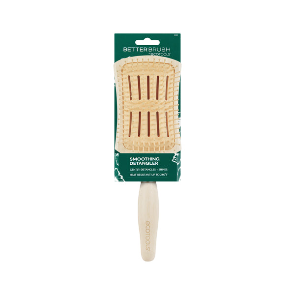 Smoothing detangler hair brush shown on package card, light wood handle and beige bristles