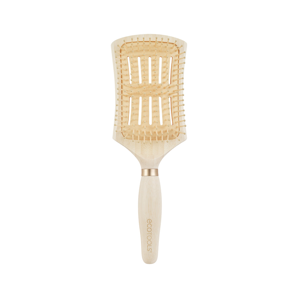 Detangling hair brush with square cushioned head, light wood handle and tan pin bristles