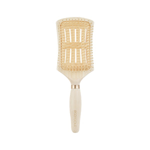 Detangling hair brush with square cushioned head, light wood handle and tan pin bristles