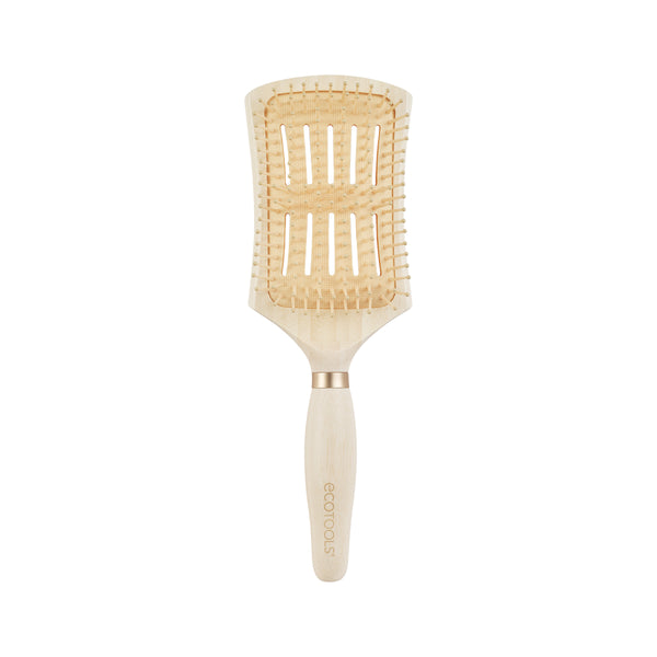 Detangling hair brush with square cushioned head, light wood handle and tan pin bristles