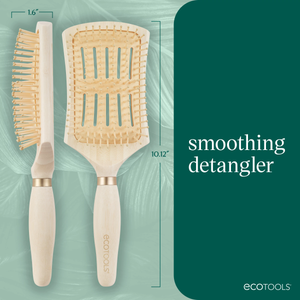 Detangling hair brush pair shown side by side, light wood handles and tan bristle pads