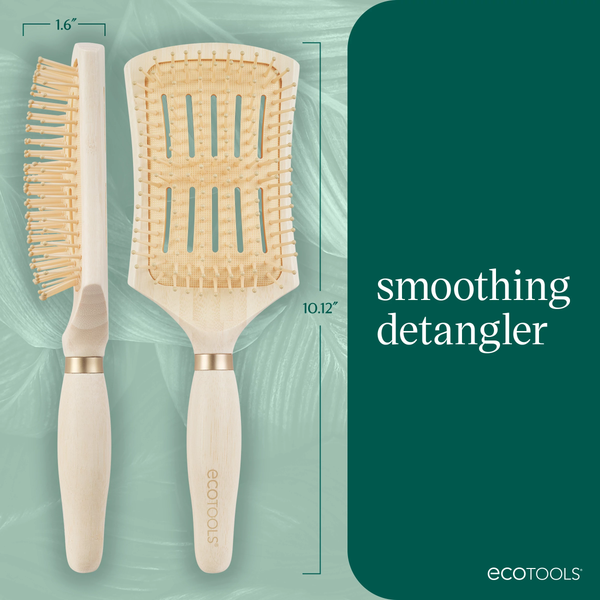 Detangling hair brush pair shown side by side, light wood handles and tan bristle pads