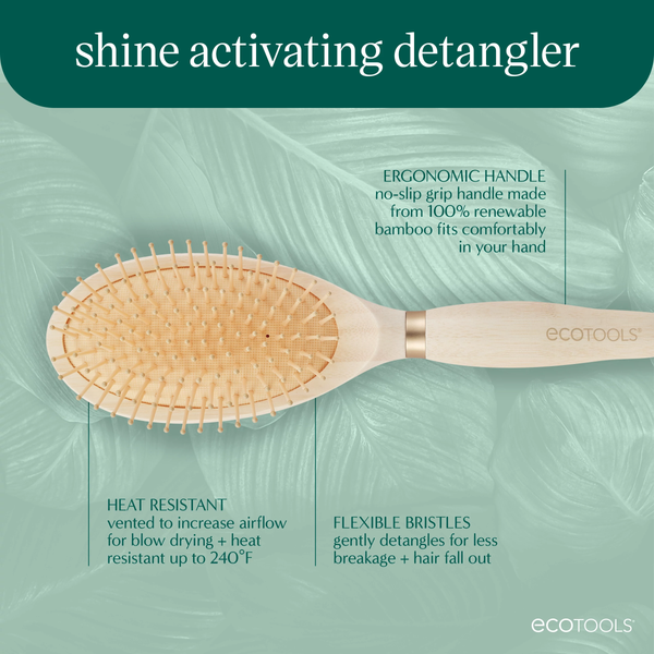 Oval hair detangling brush with light bamboo handle and flexible pin bristles