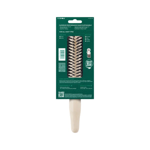 Volumizing round hair brush in retail packaging with light handle and black bristles